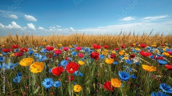 Fototapeta Wheat field edge with blooming wildflowers