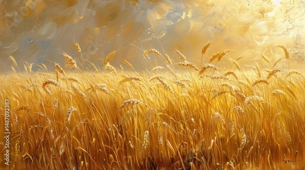 Fototapeta Wheat stalks swaying in golden sunlight