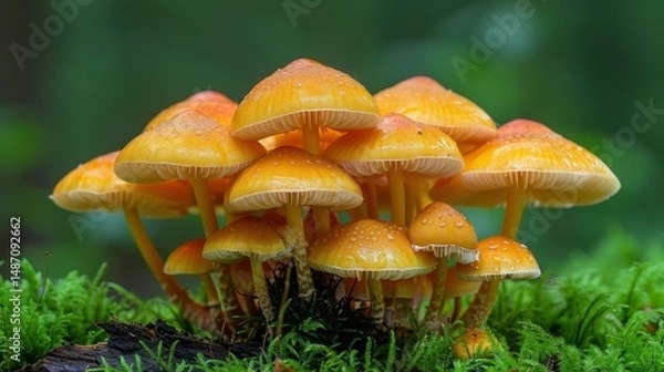Fototapeta Wild mushroom cluster on mossy forest floor