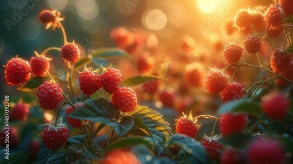 Fototapeta Wild raspberry bushes with warm sunlight