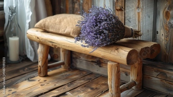 Fototapeta Wooden stool with bundle of dried lavender