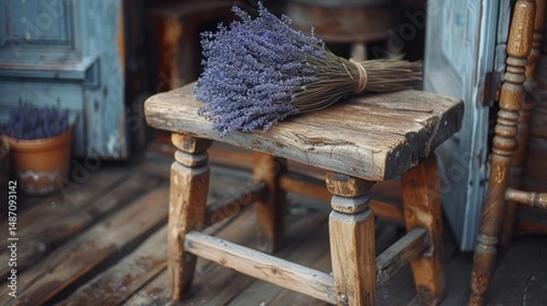 Fototapeta Wooden stool with bundle of dried lavender