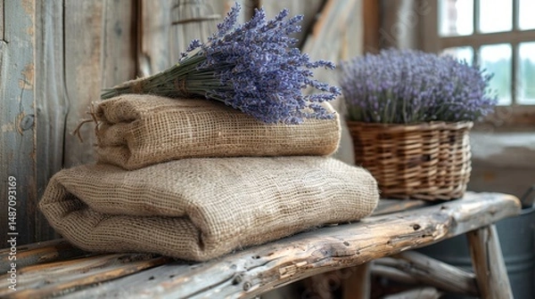 Fototapeta Wooden stool with bundle of dried lavender
