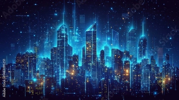 Fototapeta Futuristic Cityscape with Glowing Blue Digital Skyscrapers (Tech Innovation, Data Flow Architecture, Neon Cyber Aesthetic) 