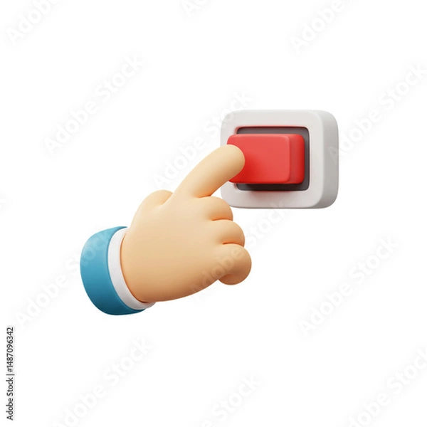Fototapeta Cartoon hand activating a red switch, 3d illustration of a hand pushing a button