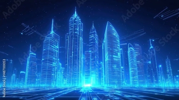 Fototapeta Futuristic City with Glowing Blue Digital Skyscrapers (Tech Innovation, Data Flow Architecture, Cyber Aesthetic)