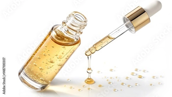 Fototapeta Serum dropper bottle with the dropper slightly tilted, captured against a white background to emphasize its clarity and design. Suitable for skincare product advertisements, beauty routines.