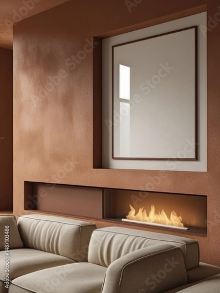 Fototapeta Mockup poster frame above modern built-in fireplace in terracotta living room with beige sectional sofa and textured walls