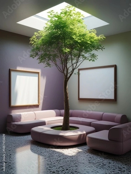 Fototapeta Two mockup poster frames in modern indoor atrium with round pink seating and central tree under skylight