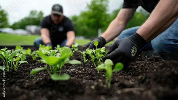 Fototapeta Diverse Volunteers Close Up Planting Flowers in Community Garden