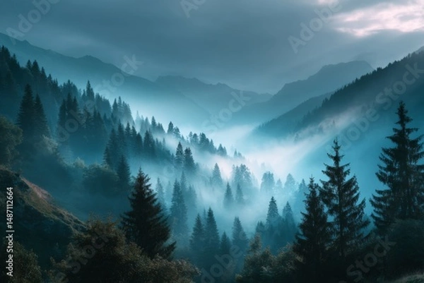 Fototapeta Early morning mist over a lush pine forest valley, moody atmospheric light, layered mountain ridges, peaceful and serene vibe