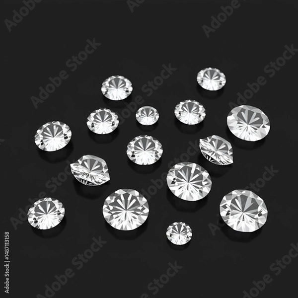 Fototapeta Set of diamonds in different cuts. Cutting scheme. Crystals on a black background. Jewelry technologies. 3d rendering.