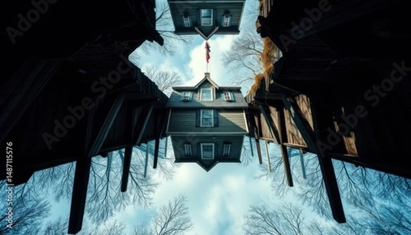 Fototapeta Surreal mirrored house landscape with flag against a blue sky
