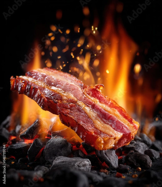 Fototapeta Crispy bacon slice cooking over hot charcoal with bright flames and sparks flying