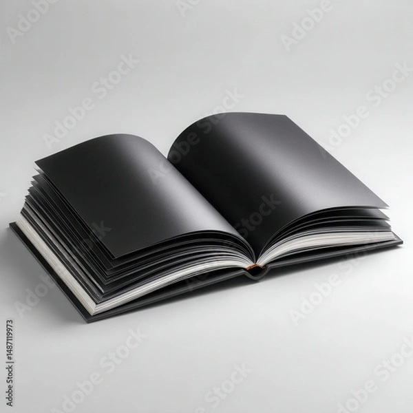 Fototapeta Open book with blank black pages on white background, empty pages for creative use