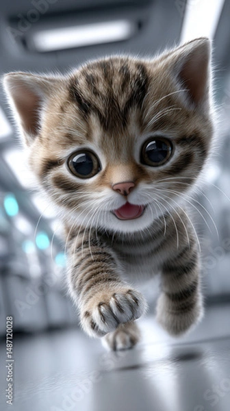 Fototapeta Cute kitten with big eyes running happily indoors on smooth floor