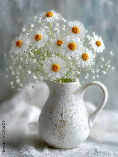 Fototapeta White chamomile flowers with yellow center in rustic white ceramic vase on soft background