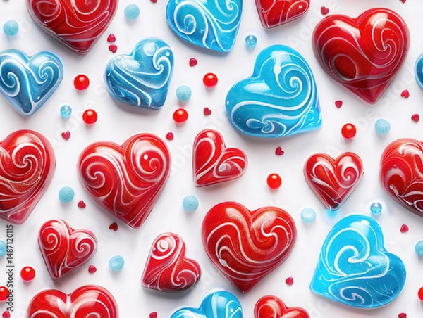 Fototapeta Colorful red and blue heart shaped candies with swirls and small round decorations white
