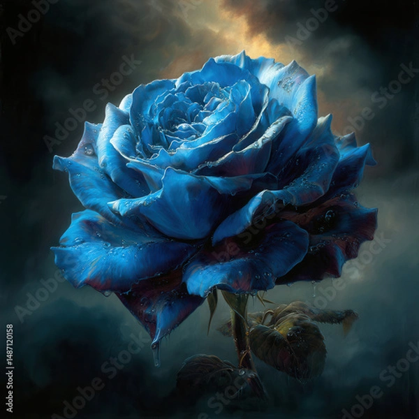 Fototapeta Blue rose with water droplets glowing softly in dark misty background, surreal and captivating