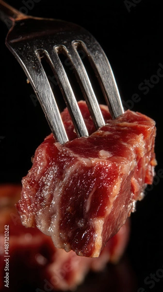Fototapeta Raw meat piece on fork close up with dark background, fresh and juicy red beef cut