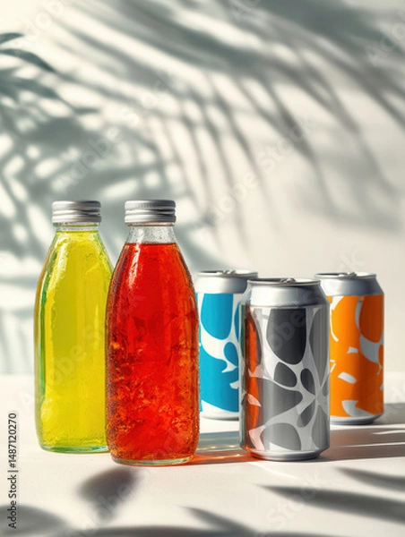 Fototapeta Two glass bottles with yellow and red drinks and three colorful cans on white table with shadows