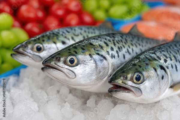 Fototapeta Fresh fish on ice with colorful vegetables in background, showing natural texture and detail