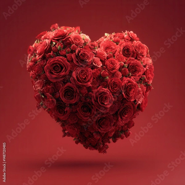 Fototapeta Heart shape made of red roses with romantic and passionate expression on red background