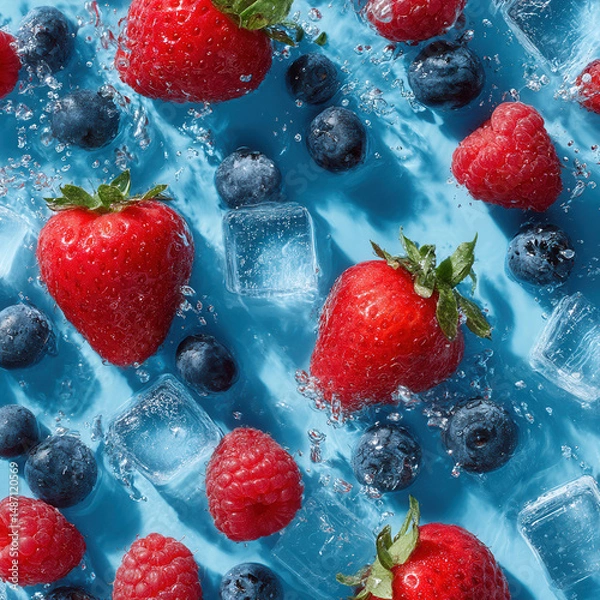 Fototapeta Fresh strawberries, blueberries, raspberries, and ice cubes splash refreshing water blue