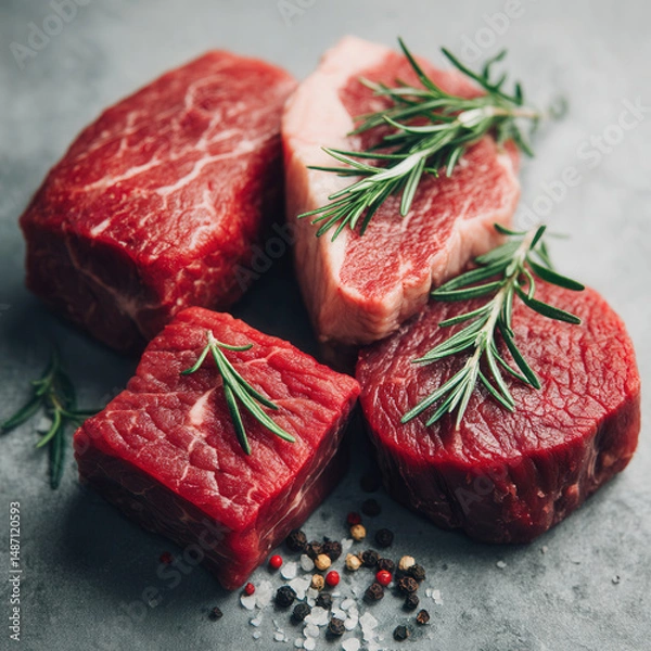Fototapeta Raw beef steak cuts with fresh rosemary and peppercorns on gray surface