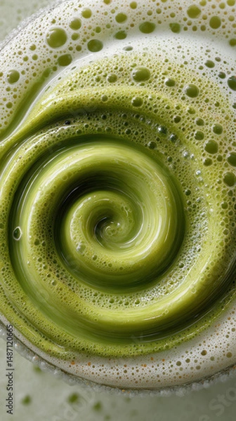 Fototapeta Green matcha tea swirl with creamy foam bubbles in close up macro shot, fresh and vibrant