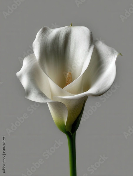 Fototapeta White calla lily flower with green stem on gray background, elegant and delicate bloom