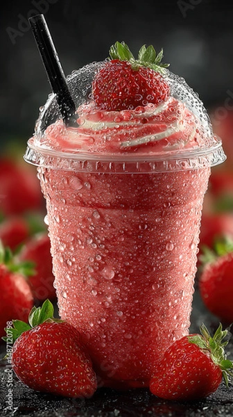 Fototapeta Strawberry smoothie with whipped cream and fresh strawberry on top, refreshing and cold drink
