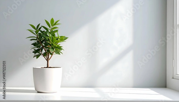 Fototapeta Small Green Plant in White Pot on Windowsill in Sunlight