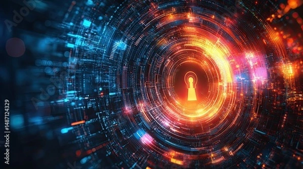Obraz Digital lock symbolizing cybersecurity against vibrant tech background to illustrate data safety.