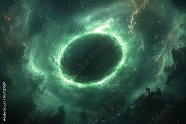 Fototapeta Cosmic Green Energy Ring in Swirling Nebula, Abstract Sci-Fi Space Background space nebula galaxy cosmic universe green 