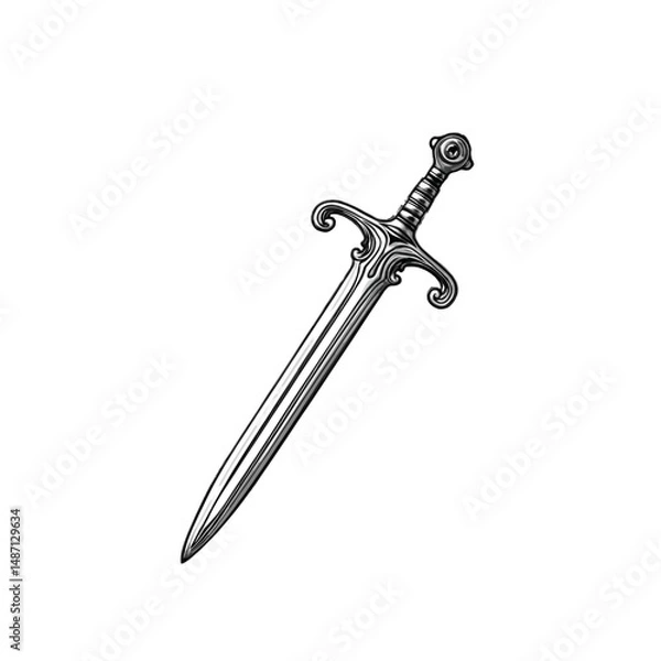 Obraz Engraved Portrait of Medieval Sword, drawn in an engraved, woodcut style with fine details sketch engraving vector illustration. Scratch board imitation. Black and white image. flat vector design