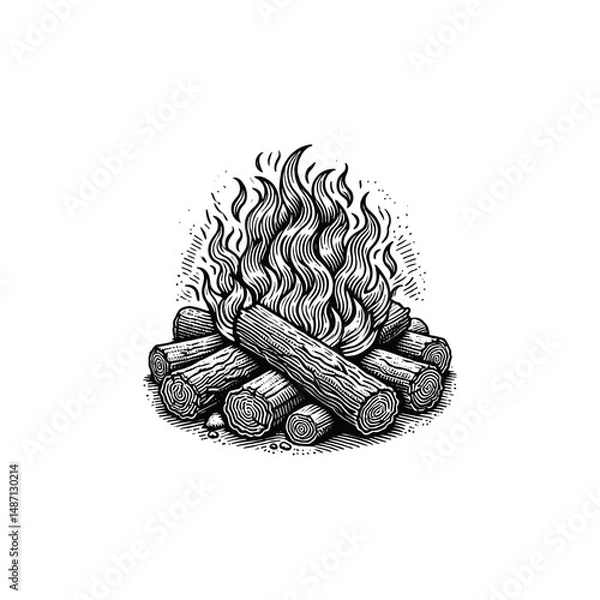 Obraz Vintage Camp fire Engraving Illustration, drawn in an engraved, woodcut style with fine details sketch engraving vector illustration. Scratch board imitation. Black and white image. flat vector design