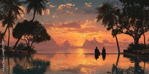 Fototapeta Idyllic Sunset Serenity: Silhouetted figures gaze out at an awe-inspiring tropical sunset reflecting in a tranquil infinity pool, promising a moment of peaceful contemplation in paradise.