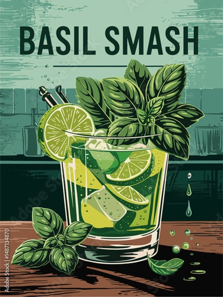 Fototapeta Retro Cocktail poster with A glass of basil smash is shown with a green garnish on top. The drink is served in a glass and is topped with a sprig of basil. Concept of freshness and relaxation