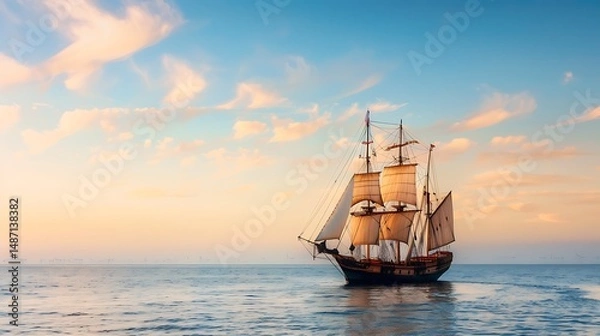Fototapeta Sailing Ship On Calm Waters Under A Colorful Sky At Sunset Displaying Tranquility