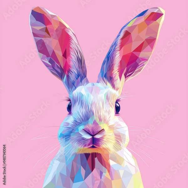 Fototapeta Colorful geometric bunny in WPAP style on pink background. Modern polygonal pop-art portrait with a vivid rainbow palette and expressive details
