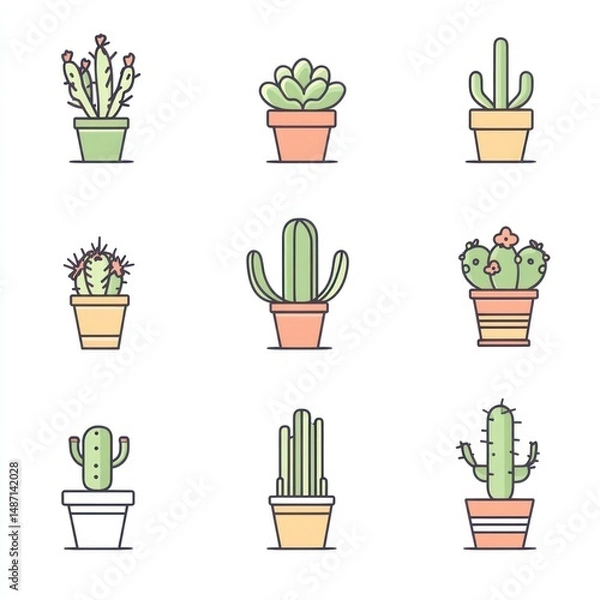 Fototapeta Nine colorful cactus and succulent plants displayed in various pots