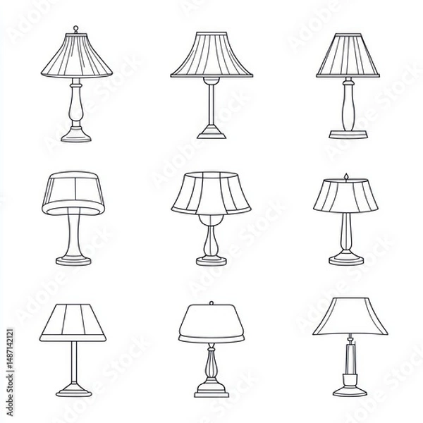 Fototapeta Line drawings showcasing different elegant lamp design variations on a white background