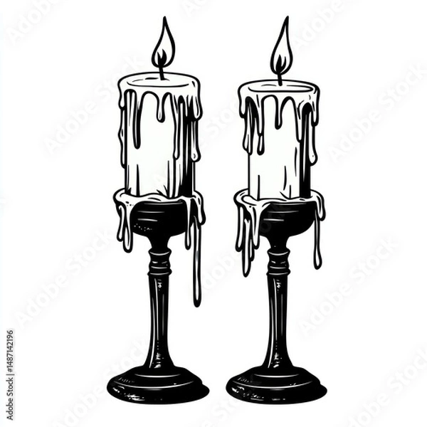Fototapeta Two lit candles with wax dripping down their holders