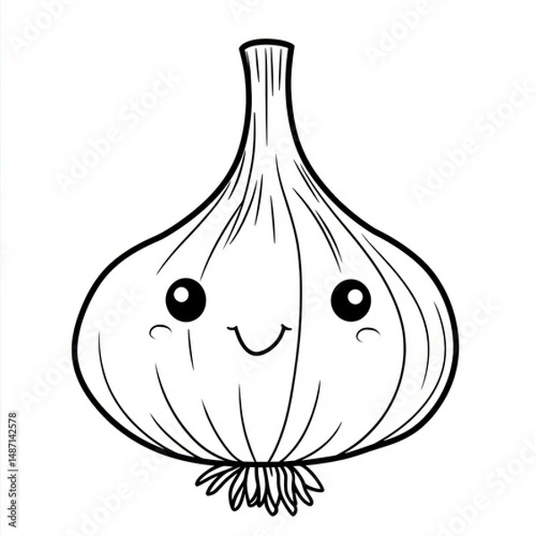 Fototapeta A smiling garlic bulb illustration is depicted in black and white lines