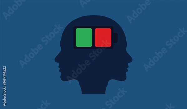 Fototapeta Two human head profiles with full green and soft red battery icons inside. Creative minimalist style on blue background. Concept of mental and emotional energy.