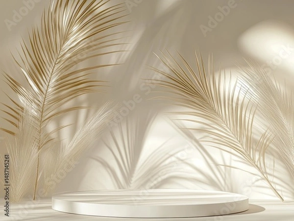 Fototapeta Elegant, minimalist display podium with golden palm fronds.