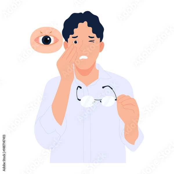 Fototapeta Vector cartoon illustration of a man taking off his glasses and feeling irritated eyes, burning eyes, staring at the screen for a long time will make the eyes itchy and red