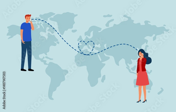 Fototapeta Long distance relationship vector illustration. Couple talking on phone.