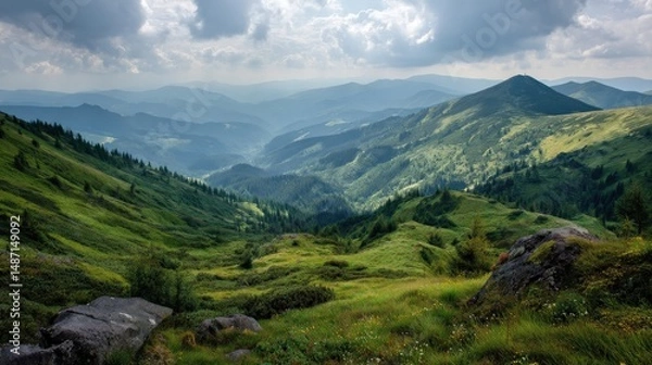 Fototapeta A serene mountain scene in Ukraine Carpathians, where wild nature flourishes in brilliant light and green vegetation stretches endlessly.